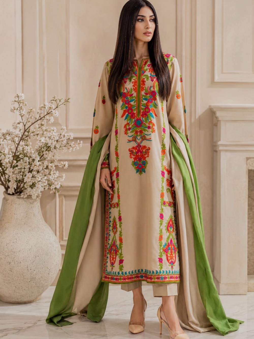 Beige & Green Long shalwar kemez with Floral Motif